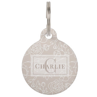 Beige Blumen Linienkunst | Personalisiertes Hund K Haustiermarke