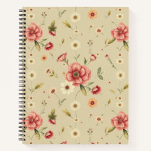 Beige-Blumen-Notizbuch mit Vintage-roten Blumen