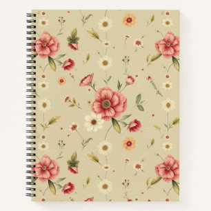Beige-Blumen-Notizbuch mit Vintage-roten Blumen Notizbuch