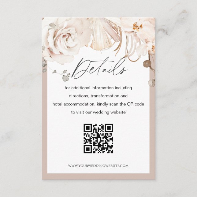 Beige Blumengarten Hochzeit QR Code Detail Karte (Vorderseite)