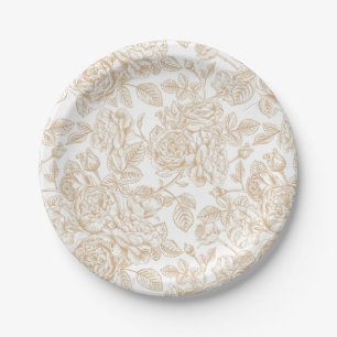 Beige Blumenmuster im Vintage-Rosenstil Pappteller