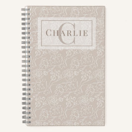 Beige Blumige Linienkunst, Individuelles Monogramm Notizbuch