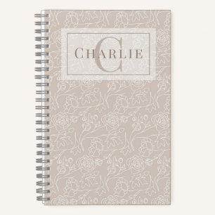 Beige Blumige Linienkunst, Individuelles Monogramm Notizbuch