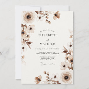 Beige Blumige Romantische Hochzeit Einladung
