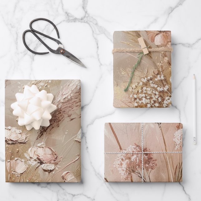 Beige Blush Boho Floral Geschenkpapier Set (Vorderseite)