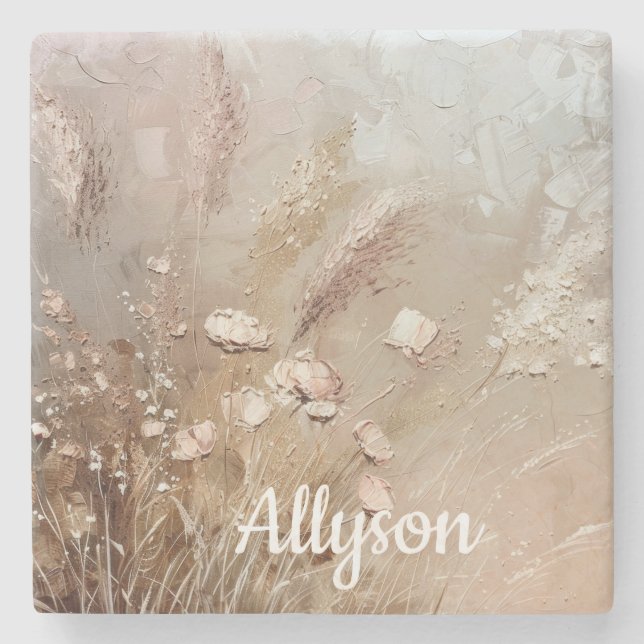 Beige Blush Boho Floral Steinuntersetzer (Vorderseite)