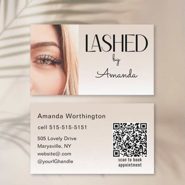 Beige Blush Lashed Minimalist Photo QR Code Visitenkarte (Von Creator hochgeladen)
