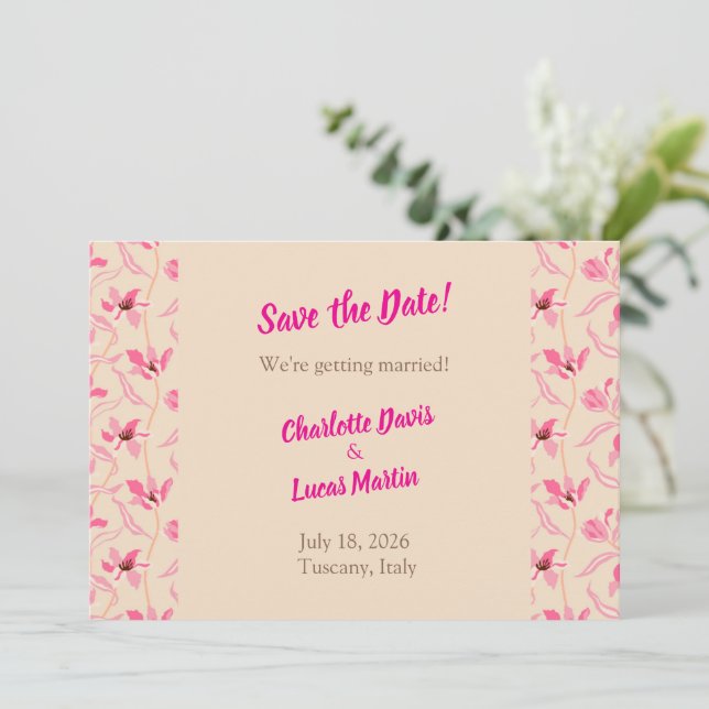Beige & Blush Pink Floral Save the Date Card Dankeskarte (Stehend Vorderseite)