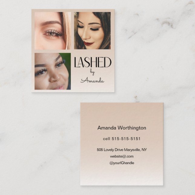 Beige Blush Wimpern Minimalist Schrift Foto  Quadratische Visitenkarte (Vorne/Hinten)