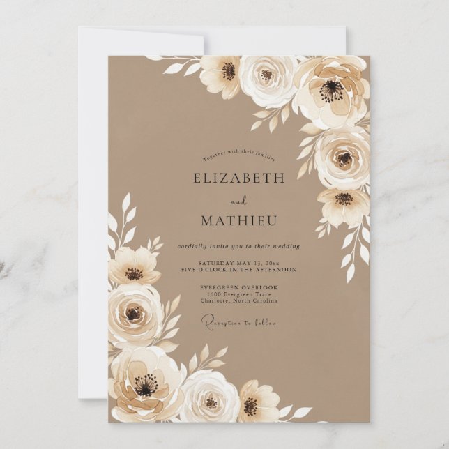 Beige Blüten-Rustical-Hochzeit Einladung (Vorderseite)