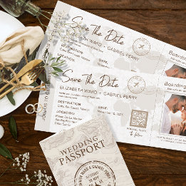 Beige Boarding Pass Hochzeit in Urlaubsort QR-Code Einladung