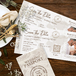 Beige Boarding Pass Hochzeit in Urlaubsort QR-Code Einladung
