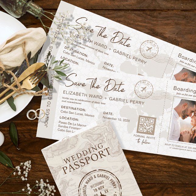 Beige Boarding Pass Hochzeit in Urlaubsort QR-Code Einladung (Von Creator hochgeladen)