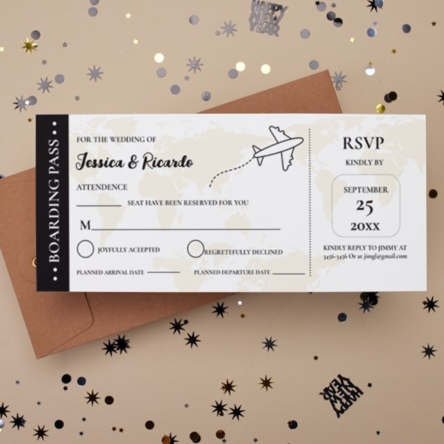 Beige Boarding Pass Hochzeit RSVP Gehäuse Karte (Von Creator hochgeladen)
