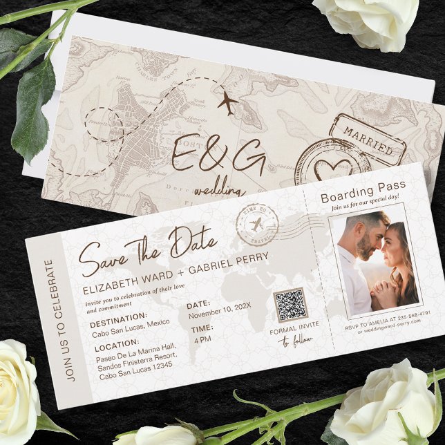 Beige Boarding Pass Travel Wedding Qr Code Einladung (Von Creator hochgeladen)