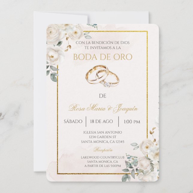 Beige Boda de oro editierbar Einladung (Vorderseite)