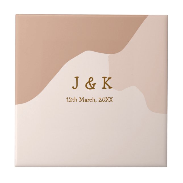 Beige boho curvy orange wedding name date fliese (Vorderseite)