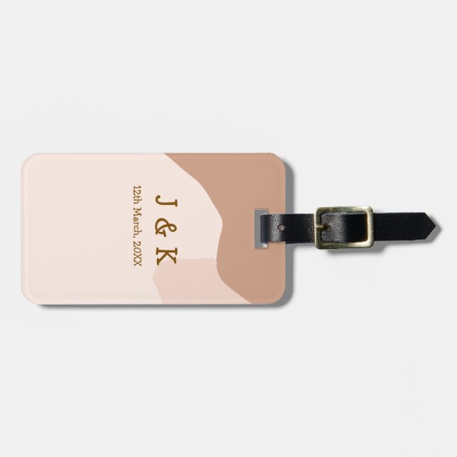 Beige boho curvy orange wedding name date gepäckanhänger (Vorderseite horizontal)