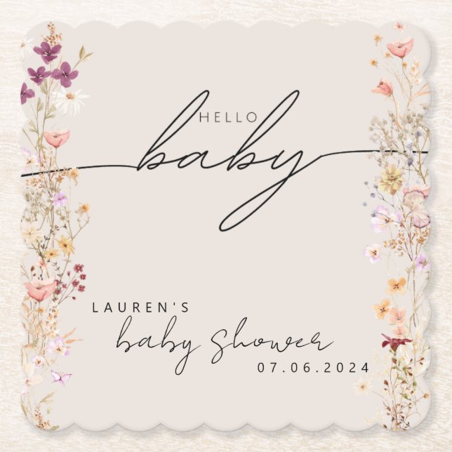 Beige Boho Wildblume Babydusche Tischdekoration Untersetzer (Vorderseite)