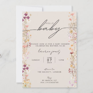 Beige Boho Wildblume Floral Hello Baby Dusche Einladung