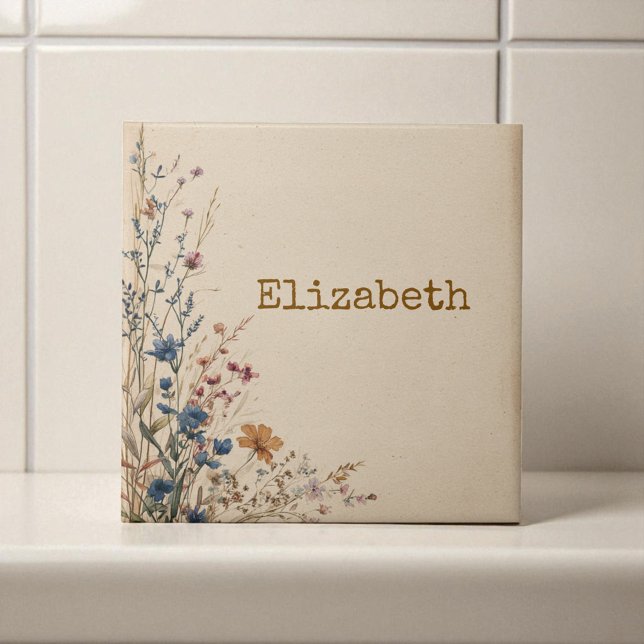 Beige Border Rustik Boho Wildblume  Fliese (Beige Border Rustic Boho Wildflower Ceramic Tile)