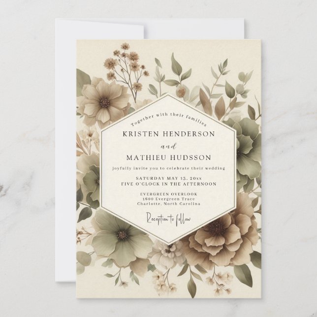 Beige Botanical Autumn Wedding Einladung (Vorderseite)