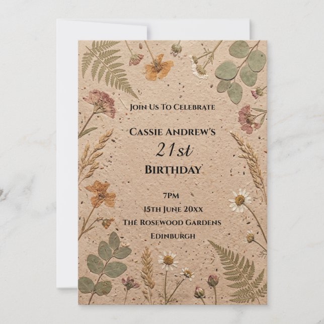Beige Botanischer Meilenstein-Geburtstag Einladung (Vorderseite)