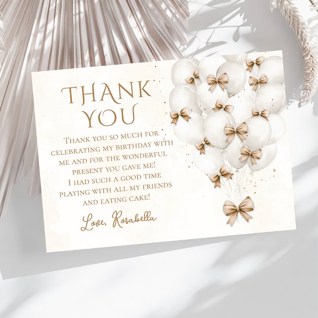 Beige Bow Balloons Girl Geburtstag Danke Karte (Von Creator hochgeladen)