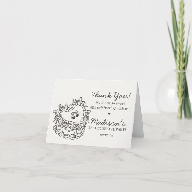 Beige Bow Retro Heart Coquette Cake Bachelorette Dankeskarte (Vorderseite)