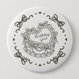 Beige Bow Retro Heart Coquette Cake Birthday Girl Button