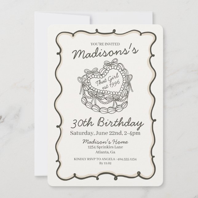 Beige Bow Retro Herz Coquette Cake Geburtstag Einladung (Vorderseite)