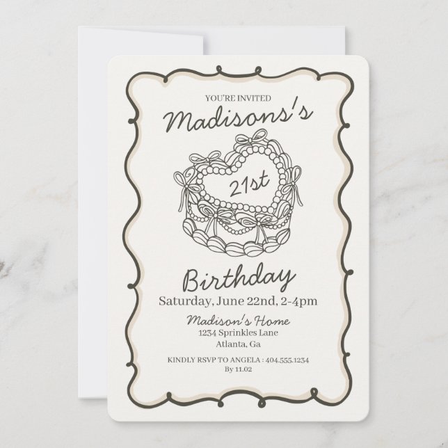 Beige Bow Retro Herz Coquette Kuchen 21. Geburtsta Einladung (Vorderseite)