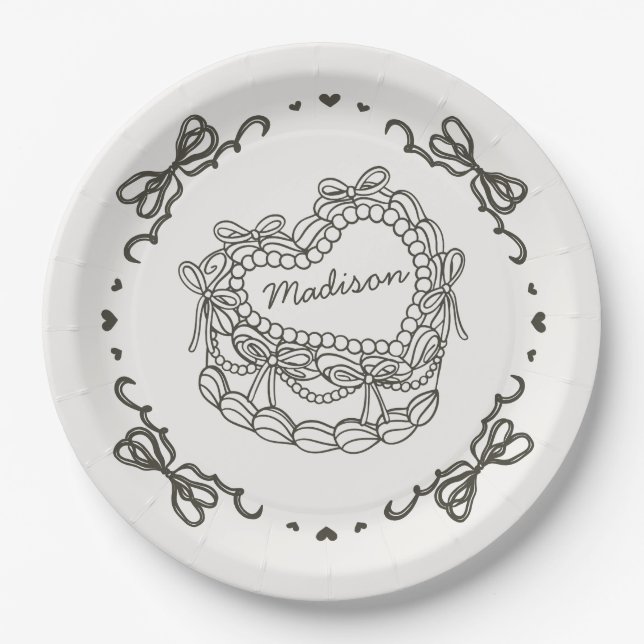 Beige Bow Retro Herz Coquette Personalisiert Pappteller (Vorderseite)