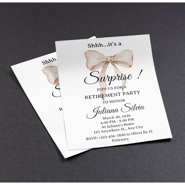 Beige Bow Surprise Retirement Party Flyer (Von Creator hochgeladen)