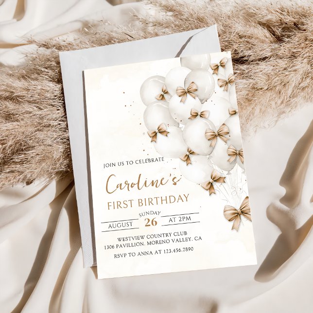 Beige Bows Balloons zum Geburtstag Einladung (Von Creator hochgeladen)