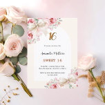 Beige Bows rosa Blumenbogen Sweet 16 Einladung<br><div class="desc">Weißer Bogen und beige,  cremefarbener Hintergrund. Rosa Blume und beige Bögen. Personalisieren und fügen Sie einen Namen,  Alter und Details hinzu.</div>