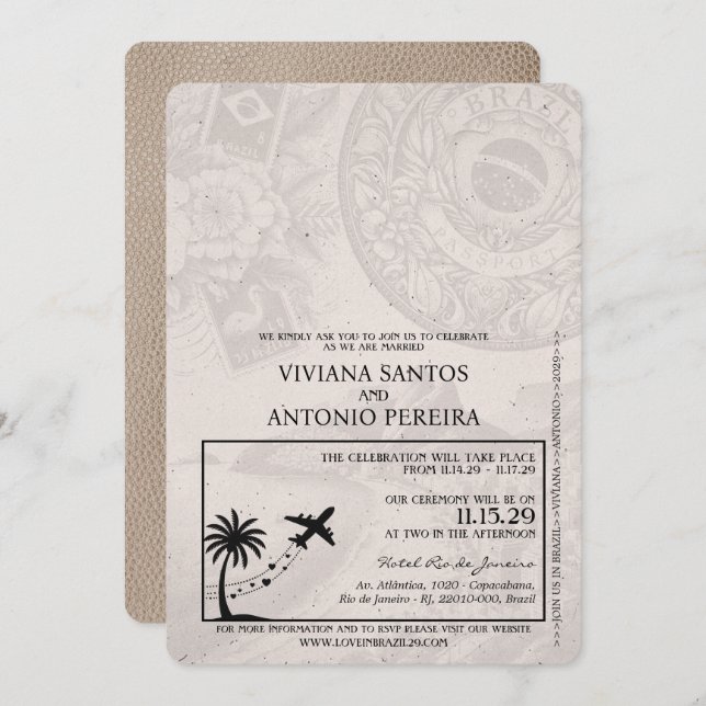 Beige Brazil Passport Wedding Einladung (Vorne/Hinten)