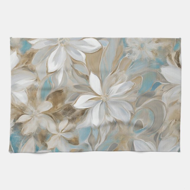 Beige Brown Aquamarin Blue Floral Geschirrtuch (Horizontal)