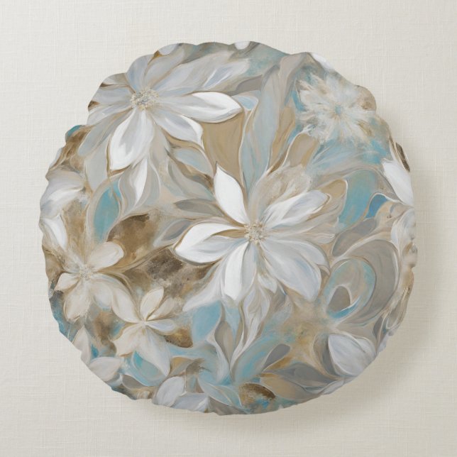 Beige Brown Aquamarin Blue Floral Rundes Kissen (Vorderseite)