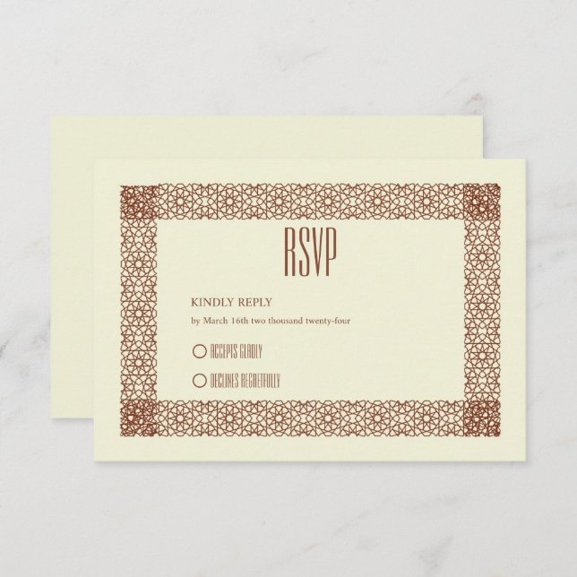 Beige Brown Islamic Geometric Two Border Wedding RSVP Karte (Vorne/Hinten)