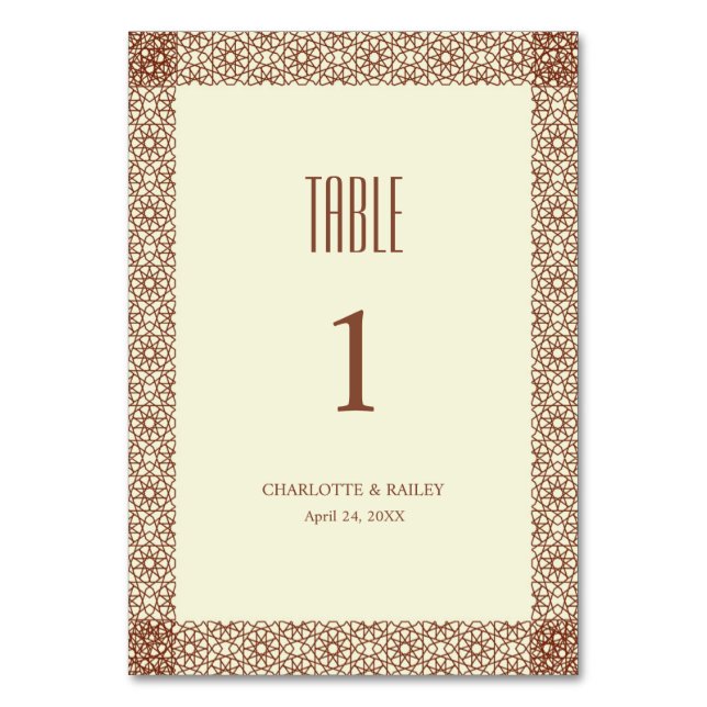 Beige Brown Rustic Islamic Geometric Single Border Tischnummer (Vorderseite)