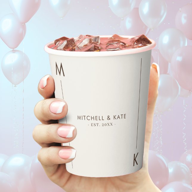 Beige Brown Simple Line Monogram Wedding Pappbecher (Beige Brown Simple Line Monogram Wedding Paper Cups)