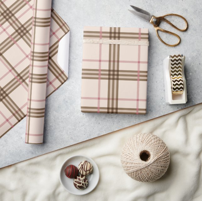 Beige Brown Tartan Kariert Wrapping Paper Geschenkpapier (Kunsthandwerk)