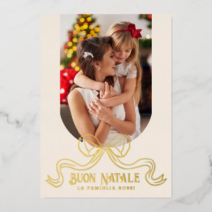 Beige Buon Natale Simple Modern Coquette Bow Foto Folien Feiertagskarte