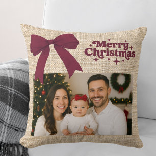 Beige Burlap-Foto bordeauxfarben Weihnachten Kissen
