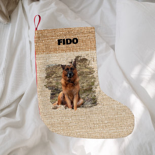 Beige Burlap Name Foto modern Kleiner Weihnachtsstrumpf