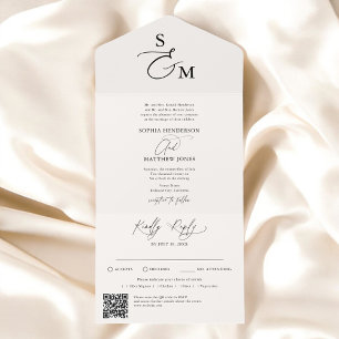 Beige Calligraphie Monogram Formal QR Code Hochzei All In One Einladung