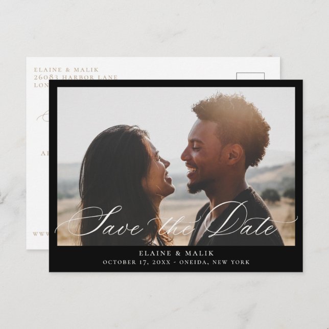 Beige Calligraphy Foto Ankündigung Datum freihalte (Vorne/Hinten)