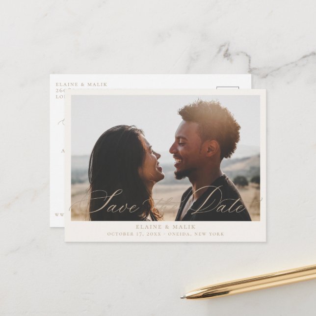 Beige Calligraphy Foto Save the Date Ankündigungspostkarte (Vorderseite/Rückseite Beispiel)