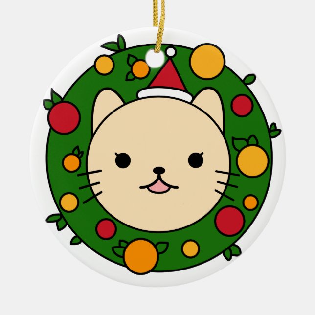 Beige Cat Christmas Wreath | Red Hat Custom Keramik Ornament (Vorne)